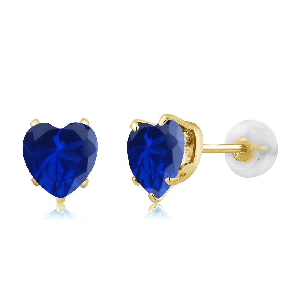 1.60 Carat Created Blue Sapphire Heart Stud Earrings in Solid 10K Yellow Gold