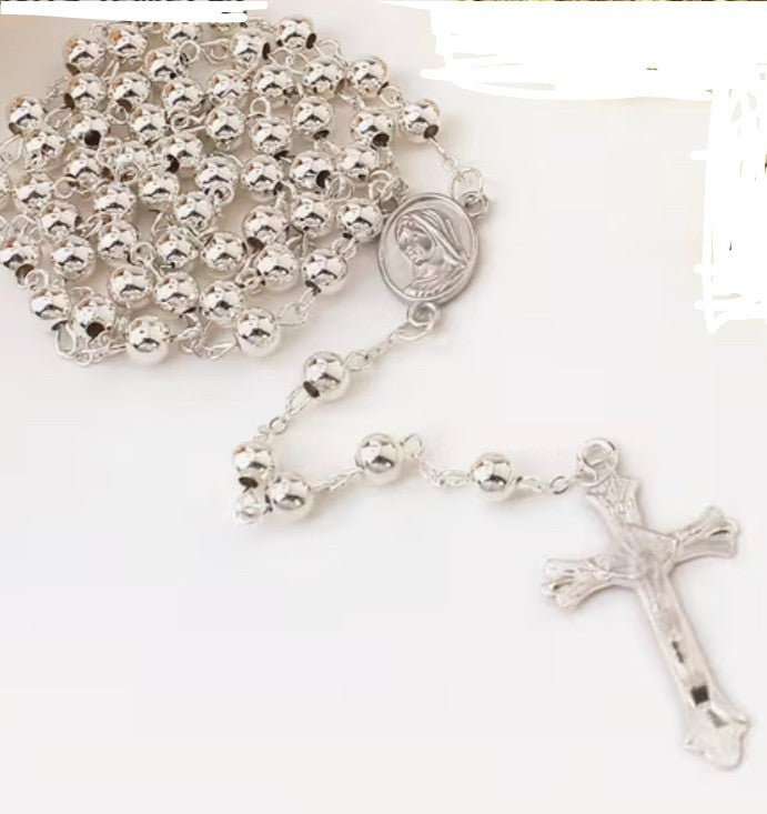 Sterling Silver CZ Miraculous Virgin Mary Rosary Necklace for Girls
