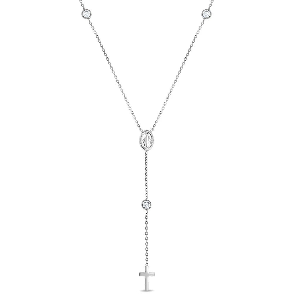 Sterling Silver CZ Miraculous Virgin Mary Rosary Necklace for Girls