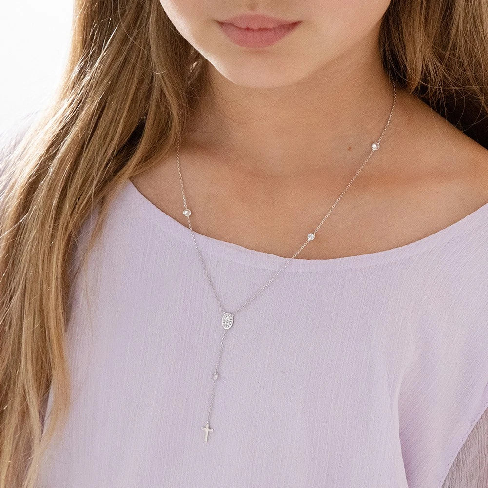 Sterling Silver CZ Miraculous Virgin Mary Rosary Necklace for Girls