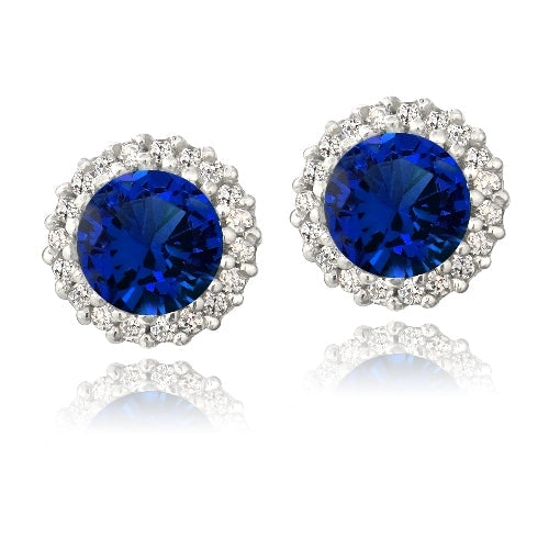 Sterling Silver 3.2ct Blue Sapphire & CZ Halo Stud Earrings