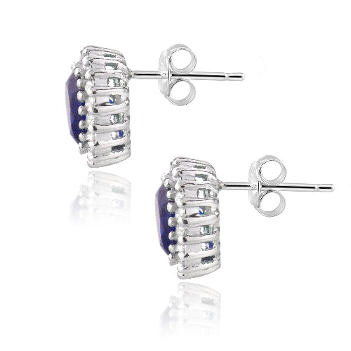 Sterling Silver 3.2ct Blue Sapphire & CZ Halo Stud Earrings