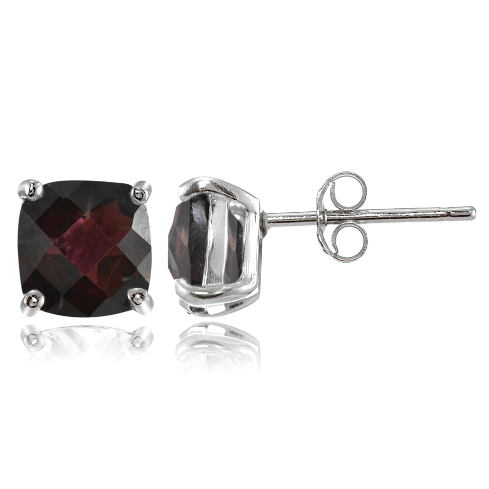 Sterling Silver 7mm Cushion-Cut Garnet Stud Earrings