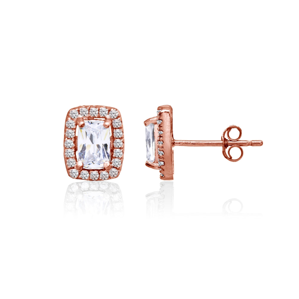 Rose Gold Flashed Sterling Silver CZ Cushion-Cut Halo Stud Earrings