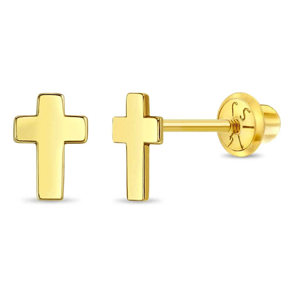 14K Yellow Gold Cross Screw-Back Stud Earrings for Toddlers