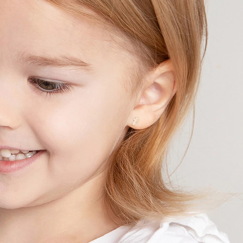 14K Yellow Gold Cross Screw-Back Stud Earrings for Toddlers