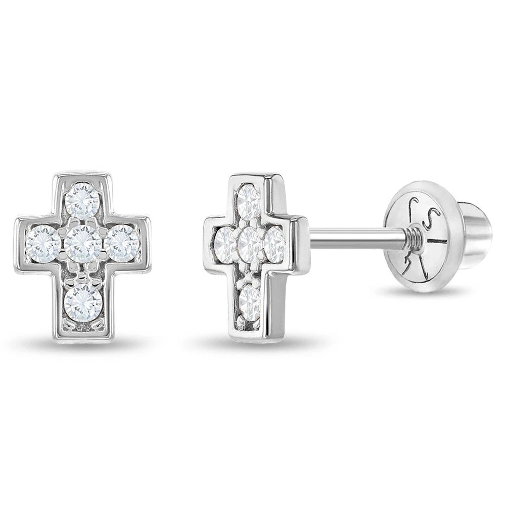 14K White Gold CZ Cross Screw-Back Stud Earrings for Toddlers