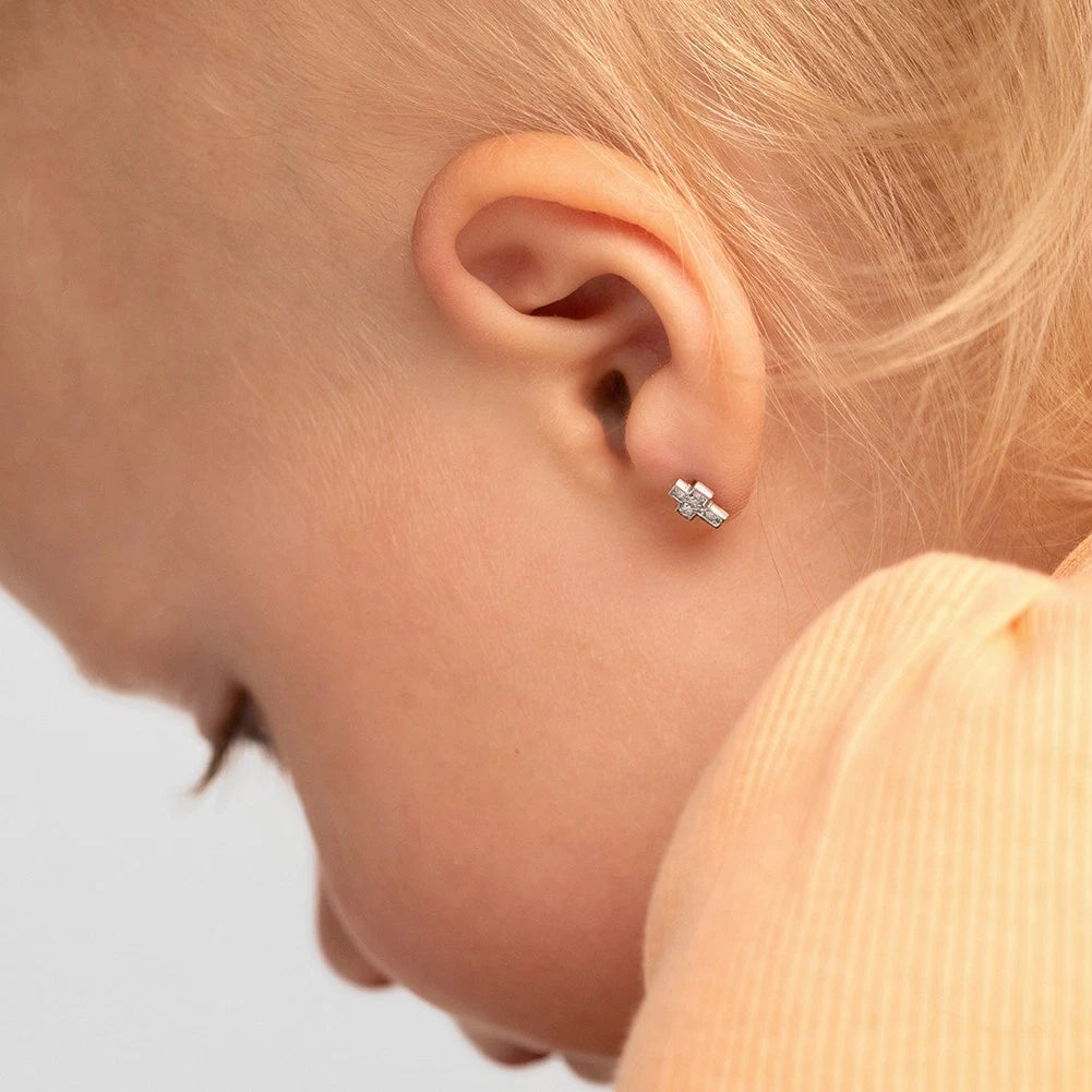 14K White Gold CZ Cross Screw-Back Stud Earrings for Toddlers