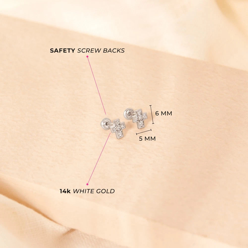 14K White Gold CZ Cross Screw-Back Stud Earrings for Toddlers
