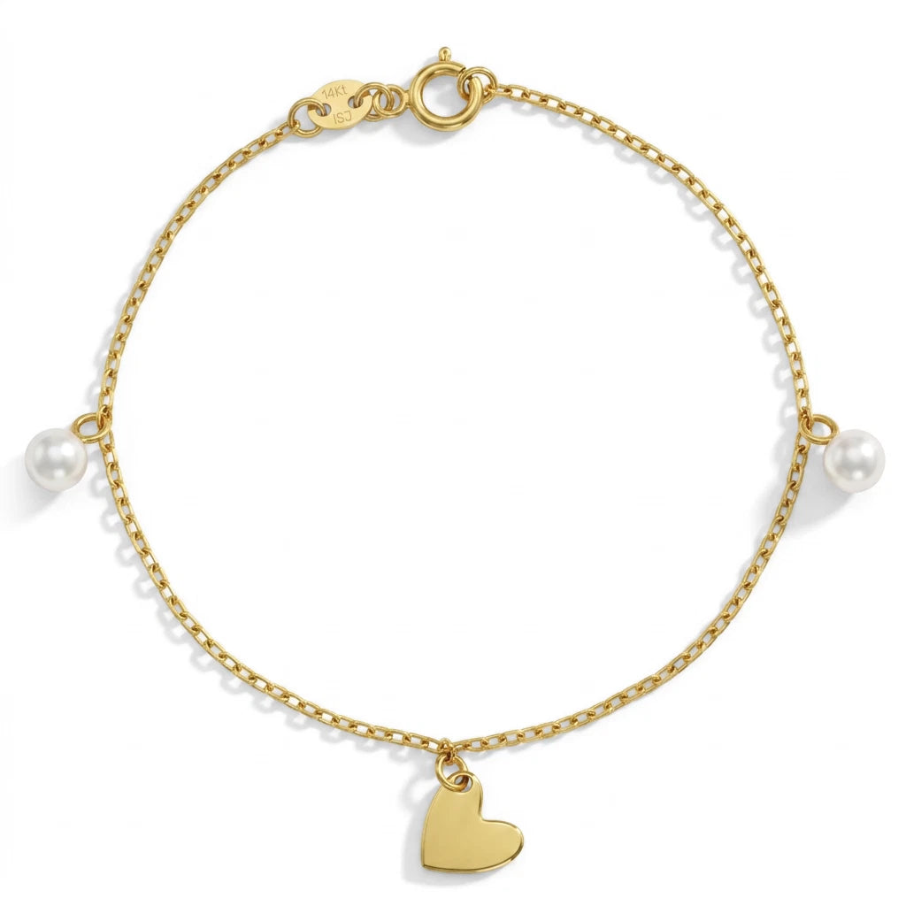 14K Gold Freshwater Pearl and Heart Dangle Baby Bracelet