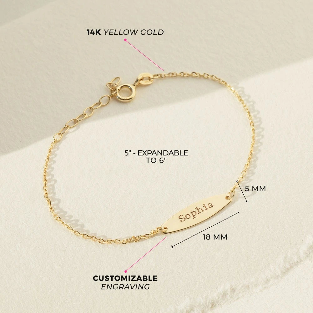 14K Yellow Gold Engravable Tag ID Baby Bracelet