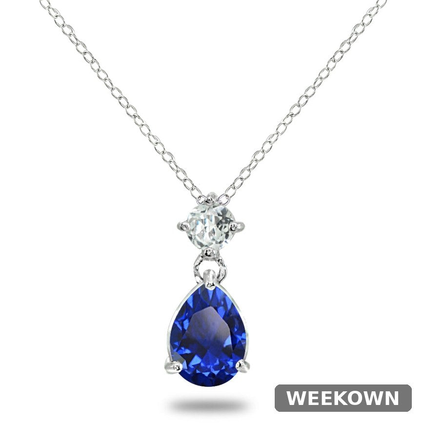 Blue and White Sapphire Teardrop Pendant Necklace in 925 Sterling Silver — back view
