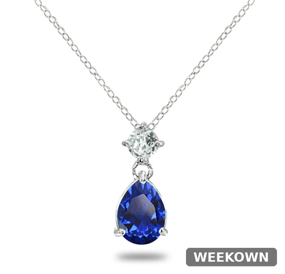 Blue and White Sapphire Teardrop Pendant Necklace in 925 Sterling Silver — detail view 2