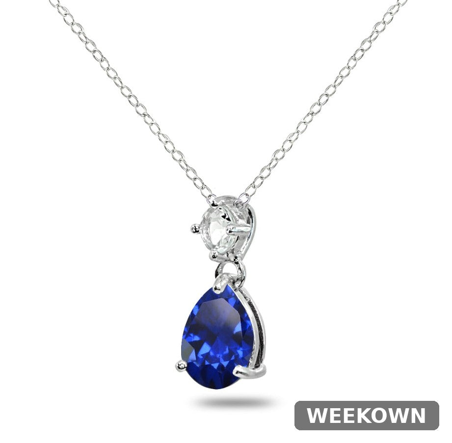 Blue and White Sapphire Teardrop Pendant Necklace in 925 Sterling Silver — detail view 3