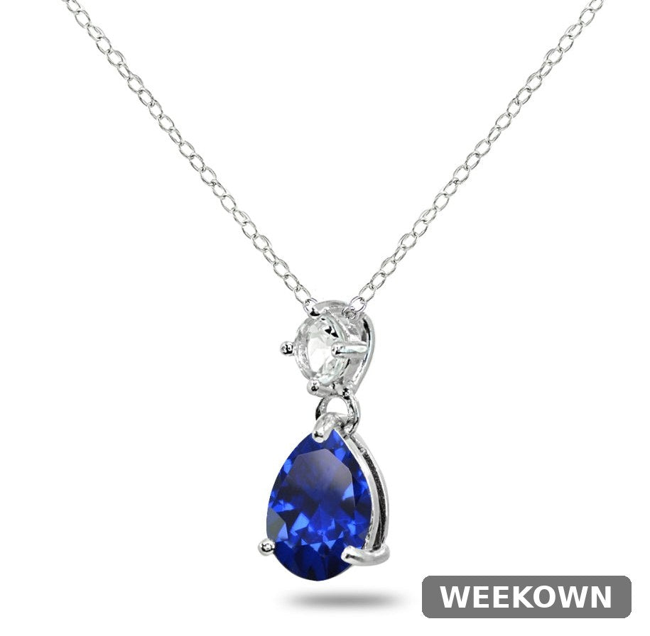 Blue and White Sapphire Teardrop Pendant Necklace in 925 Sterling Silver — detail view 4