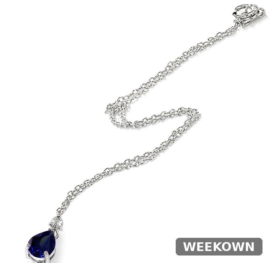 Blue and White Sapphire Teardrop Pendant Necklace in 925 Sterling Silver — detail view 5