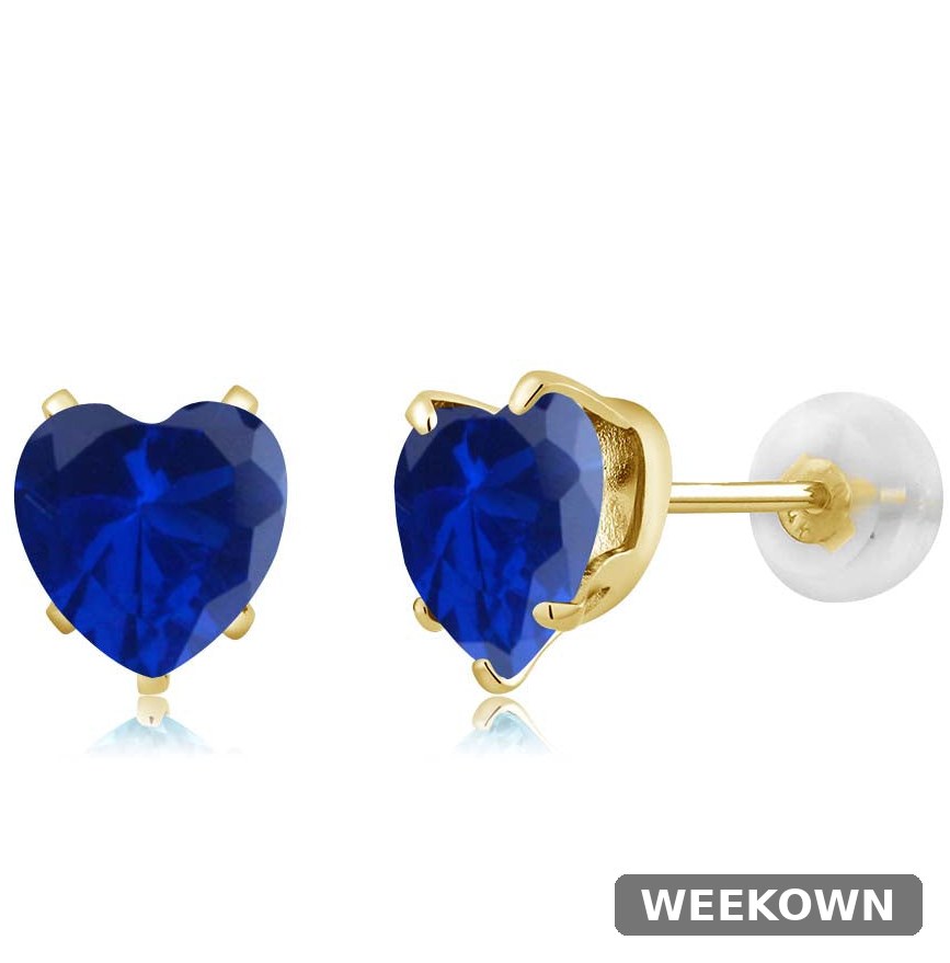 1.60 Carat Blue Sapphire Heart Stud Earrings in Solid 10K Yellow Gold