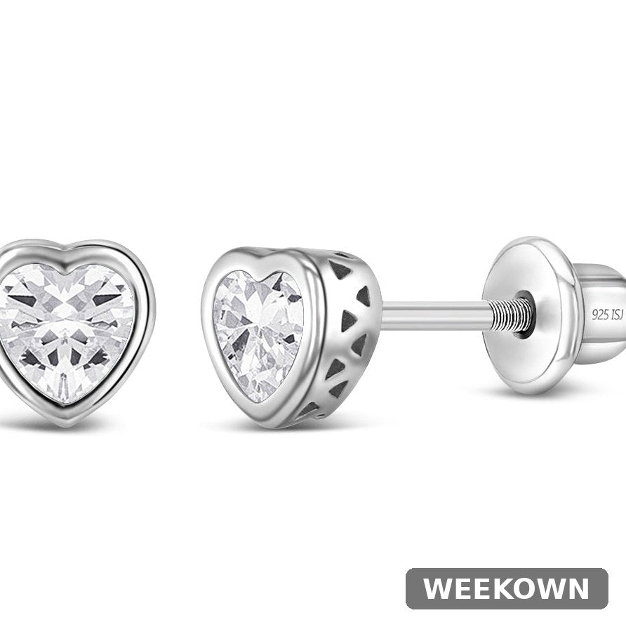 Kids Birthstone Heart Stud Earrings — 925 Sterling Silver — front view