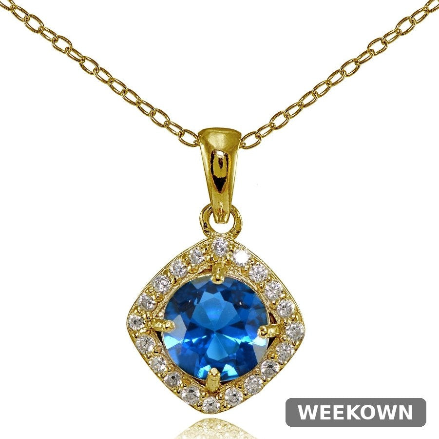 Yellow Gold Flashed Sterling Silver London Blue Topaz 7mm Round and CZ Accents Necklace — front view