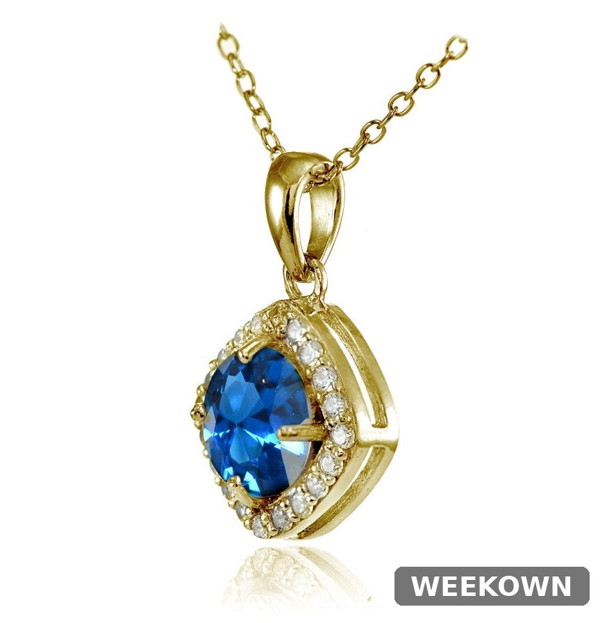 Yellow Gold Flashed Sterling Silver London Blue Topaz 7mm Round and CZ Accents Necklace — back view