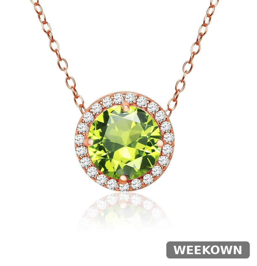 Rose Gold Flashed Sterling Silver Peridot and Cubic Zirconia Round Halo Necklace — front view