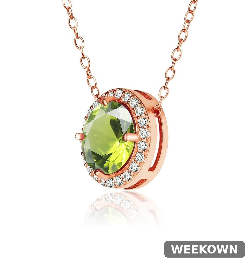 Rose Gold Flashed Sterling Silver Peridot and Cubic Zirconia Round Halo Necklace — back view