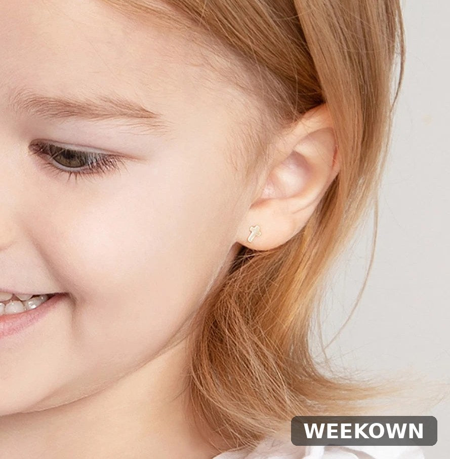 14K Yellow Gold Cross Screw-Back Stud Earrings for Toddlers
