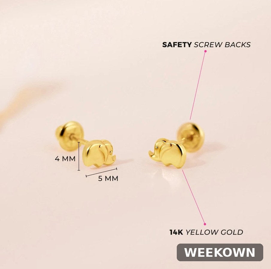 14K Yellow Gold Lucky Elephant Screw-Back Stud Earrings