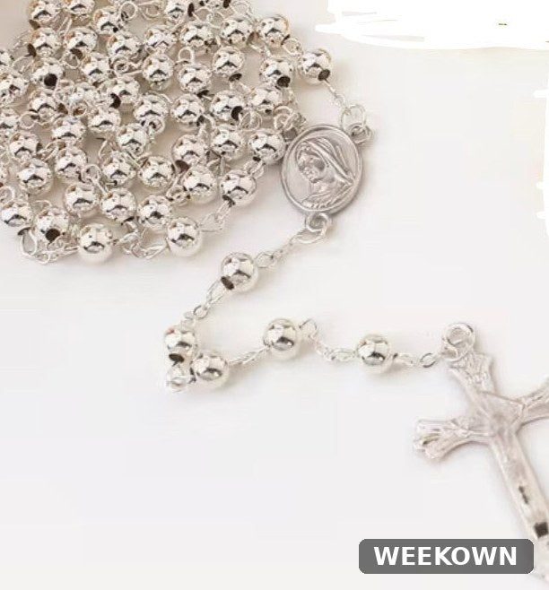 Sterling Silver CZ Miraculous Virgin Mary Rosary Necklace for Girls