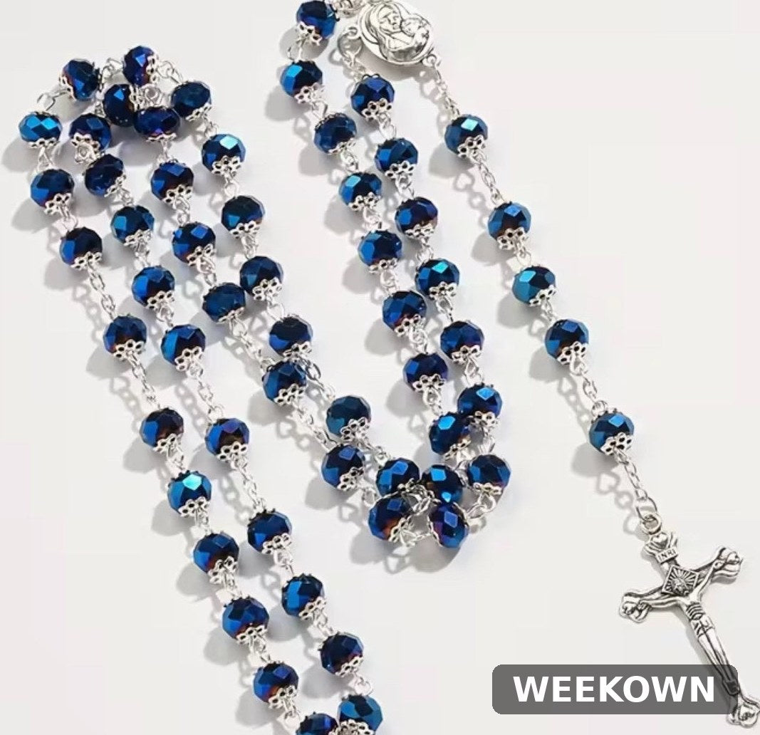 Sterling Silver CZ Miraculous Virgin Mary Rosary Necklace for Girls